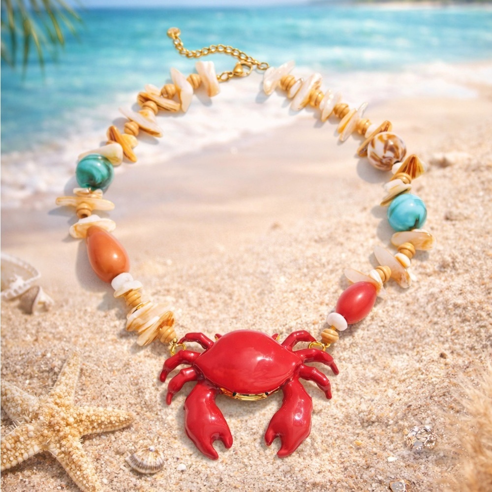 Red Crab Coastal Multicolor Beaded Gold Necklace